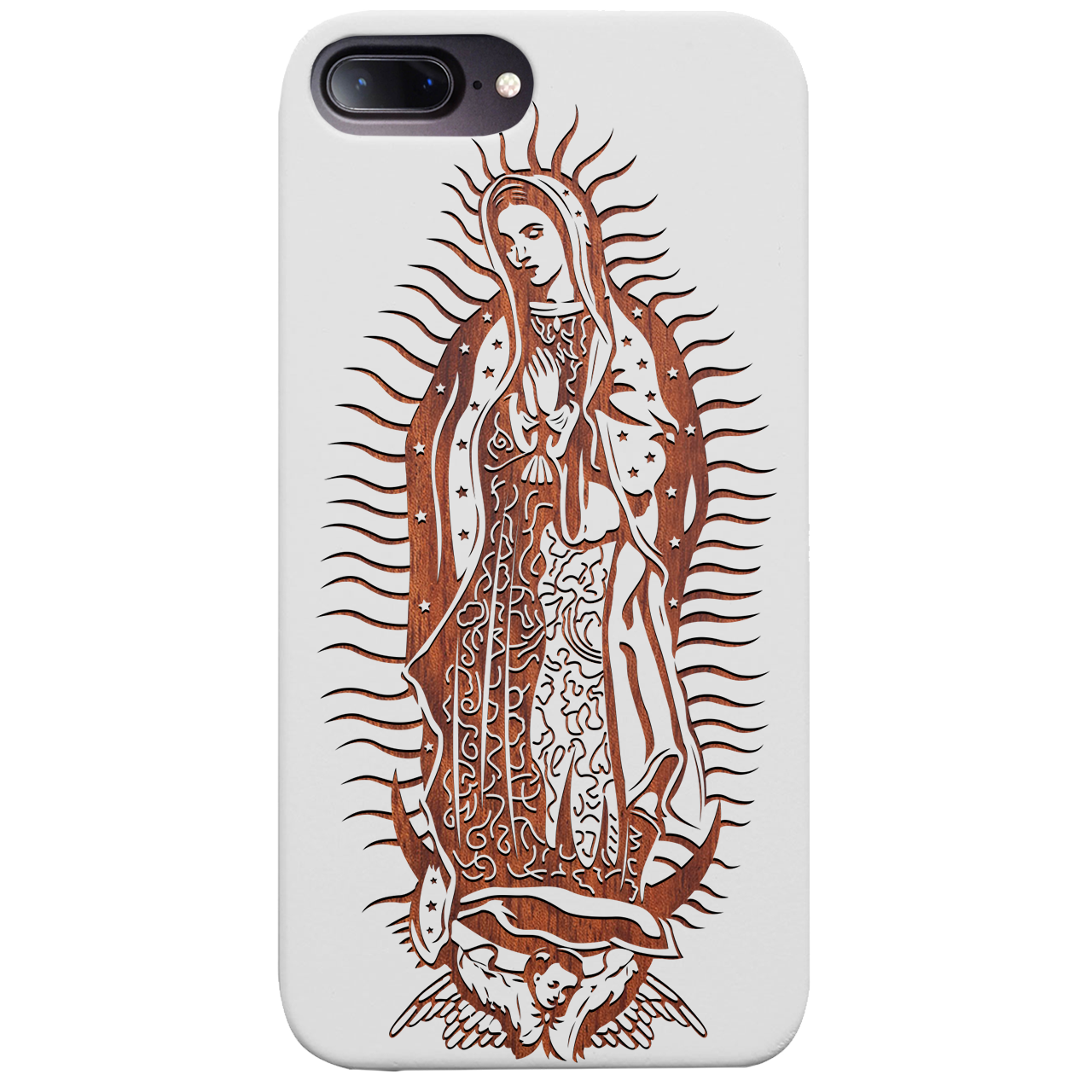 Guadalupe Engraved wooden phone case showcasing intricate laser-engraved designs and natural wood finish.