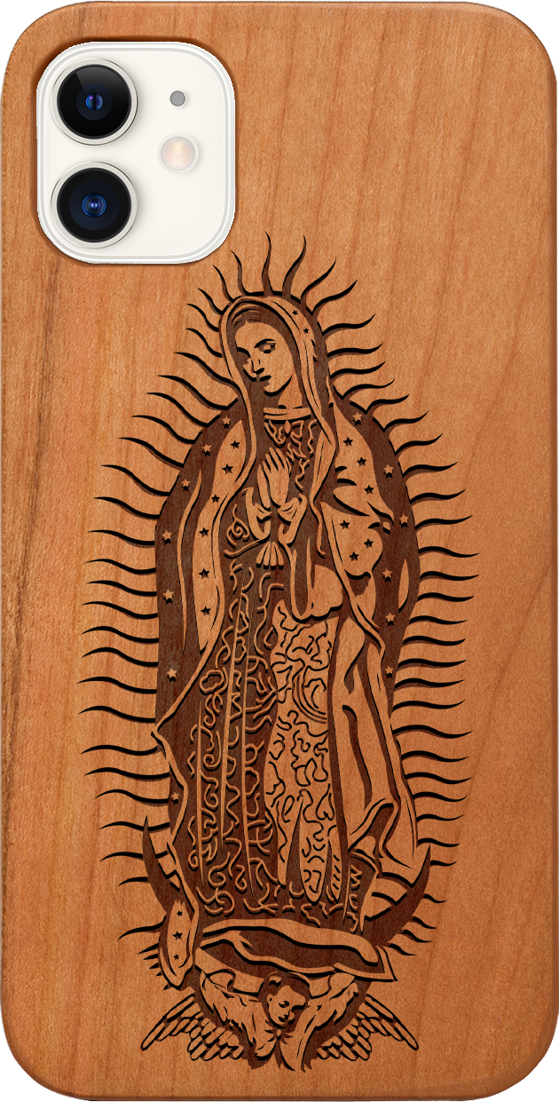 Guadalupe Engraved wooden phone case showcasing intricate laser-engraved designs and natural wood finish.