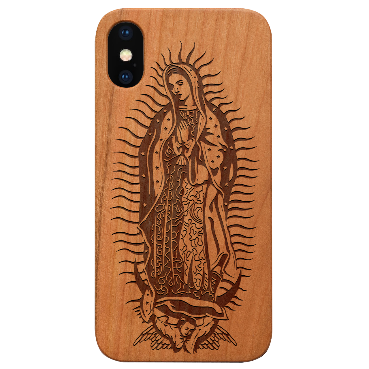 Guadalupe Engraved wooden phone case showcasing intricate laser-engraved designs and natural wood finish.