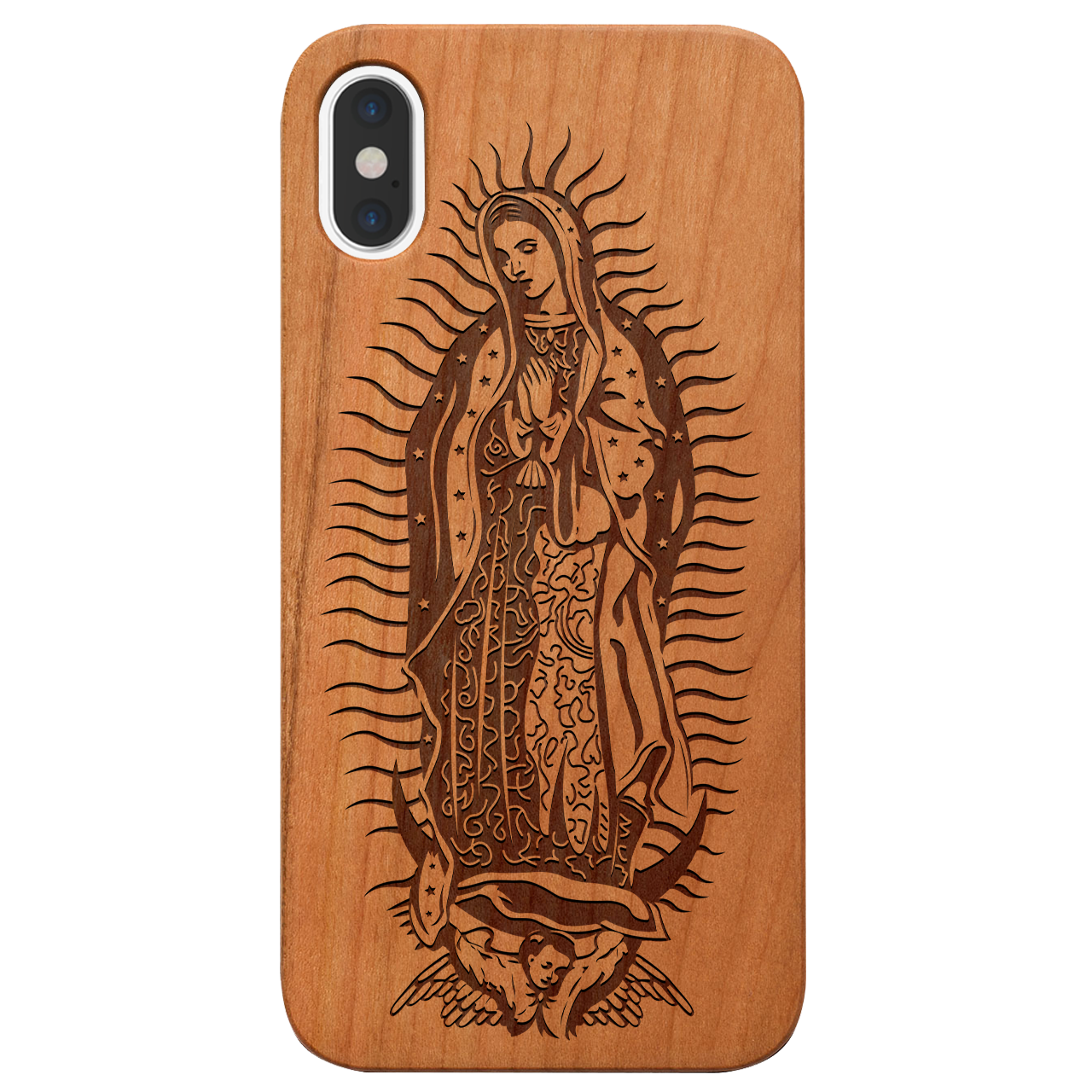 Guadalupe Engraved wooden phone case showcasing intricate laser-engraved designs and natural wood finish.