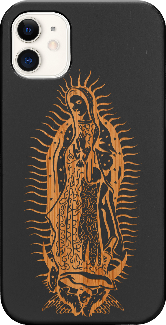 Guadalupe Engraved wooden phone case showcasing intricate laser-engraved designs and natural wood finish.