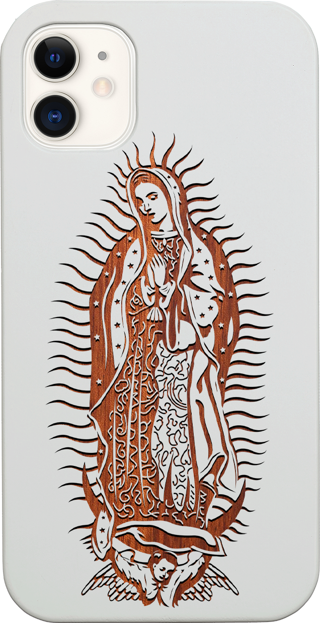 Guadalupe Engraved wooden phone case showcasing intricate laser-engraved designs and natural wood finish.