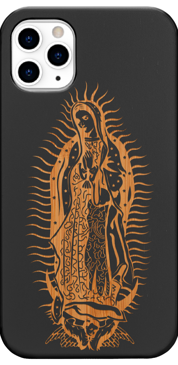 Guadalupe Engraved wooden phone case showcasing intricate laser-engraved designs and natural wood finish.