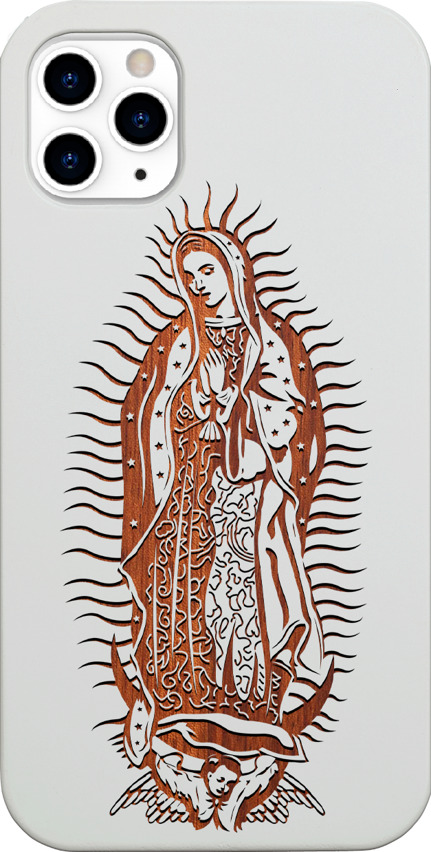 Guadalupe Engraved wooden phone case showcasing intricate laser-engraved designs and natural wood finish.