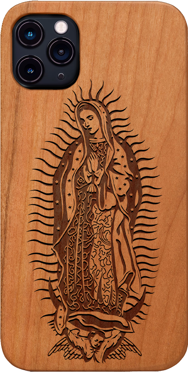 Guadalupe Engraved wooden phone case showcasing intricate laser-engraved designs and natural wood finish.