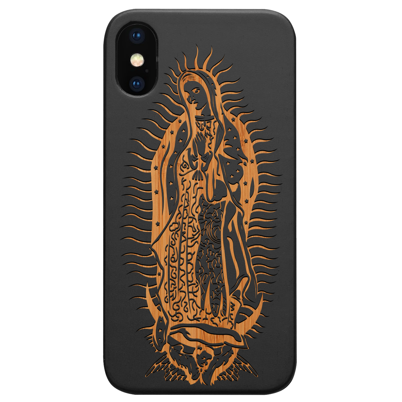 Guadalupe Engraved wooden phone case showcasing intricate laser-engraved designs and natural wood finish.