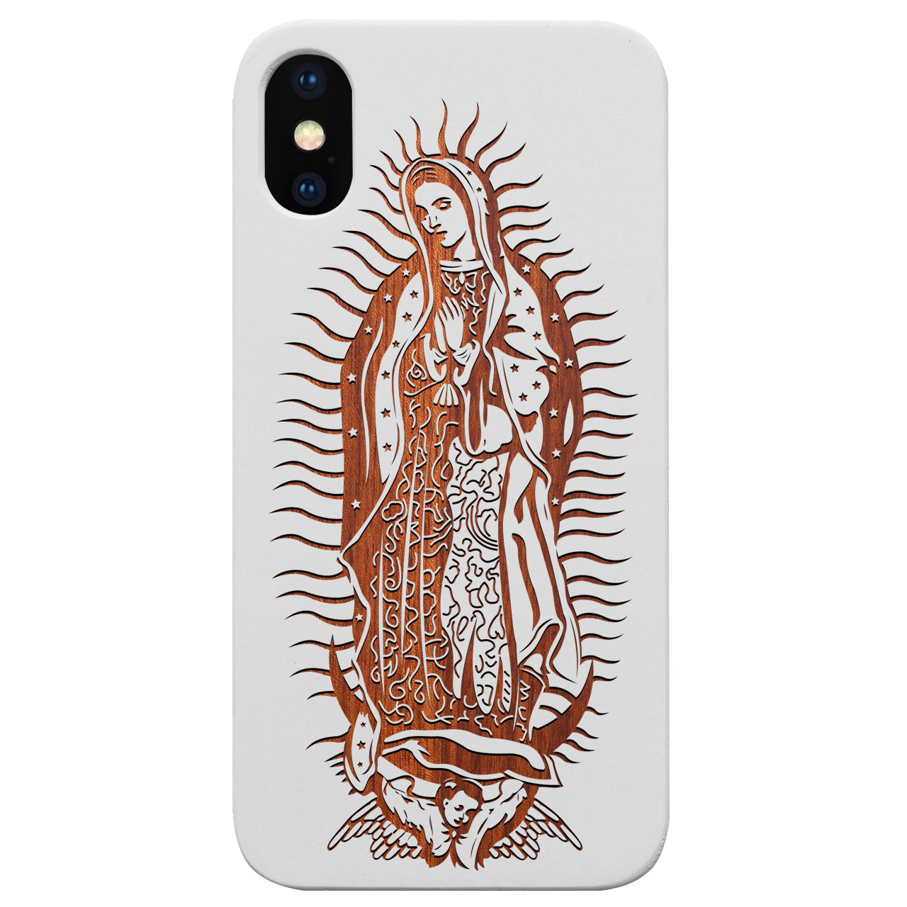 Guadalupe Engraved wooden phone case showcasing intricate laser-engraved designs and natural wood finish.