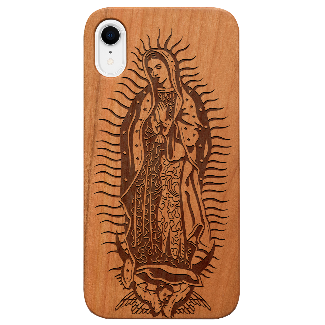 Guadalupe Engraved wooden phone case showcasing intricate laser-engraved designs and natural wood finish.