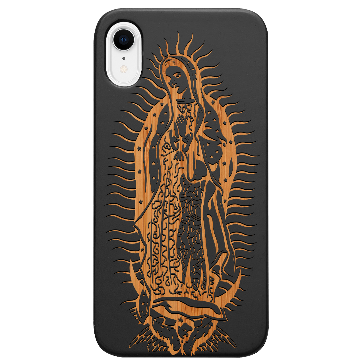 Guadalupe Engraved wooden phone case showcasing intricate laser-engraved designs and natural wood finish.