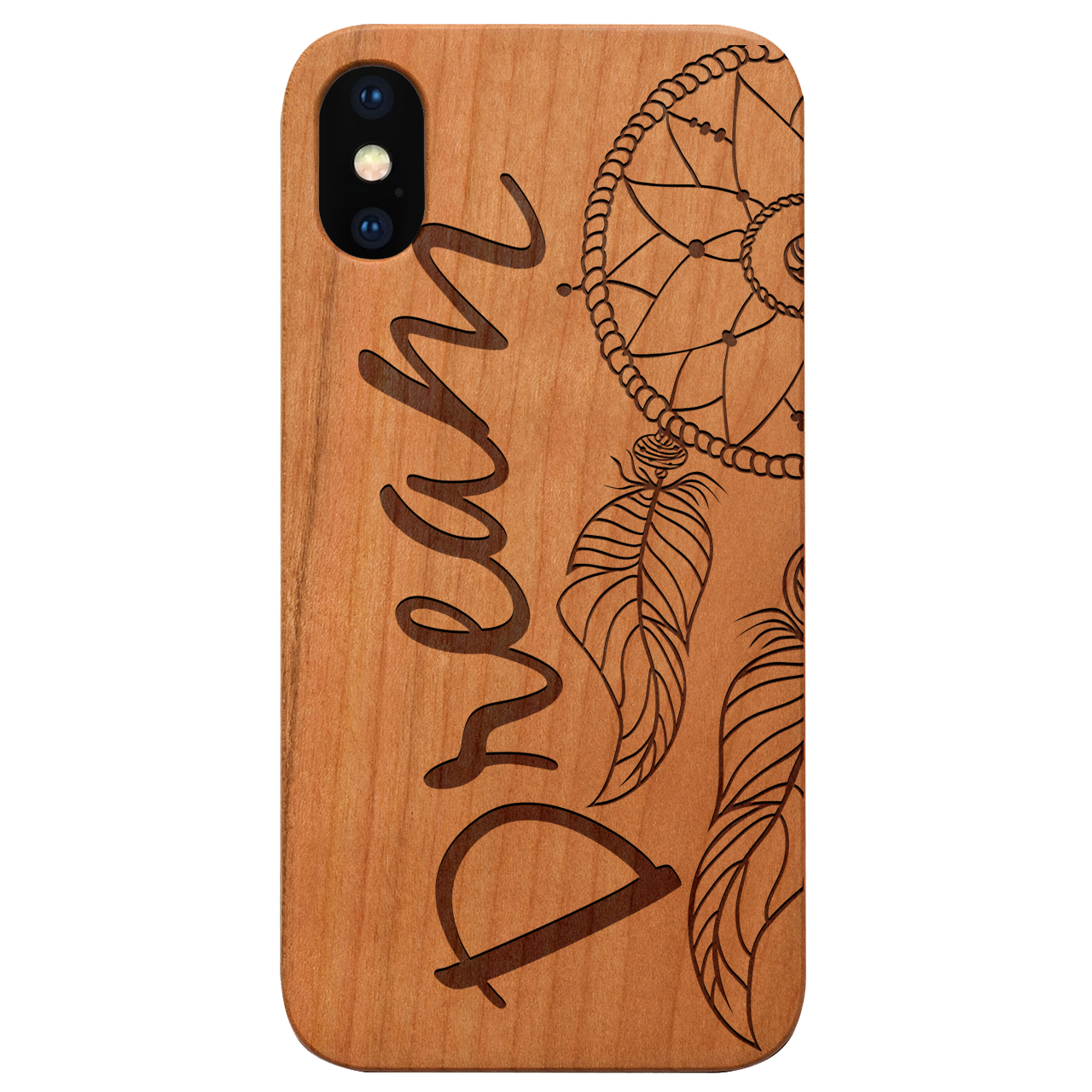 Half Dream - Engraved wooden phone case featuring intricate laser-engraved designs, showcasing natural wood texture and durable rubber bumper.