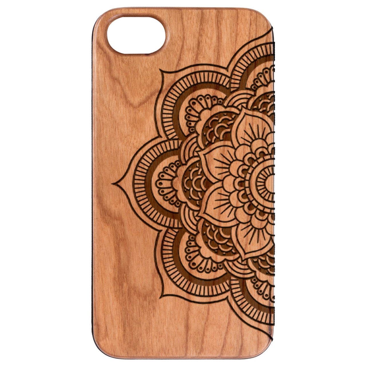 Half Mandala 2 - Engraved wooden phone case showcasing intricate design and natural wood finish.