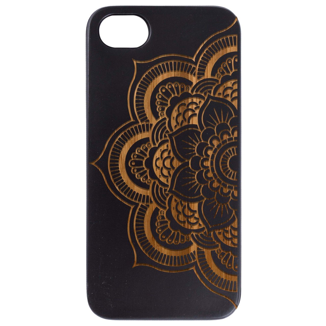 Half Mandala 2 - Engraved wooden phone case showcasing intricate design and natural wood finish.