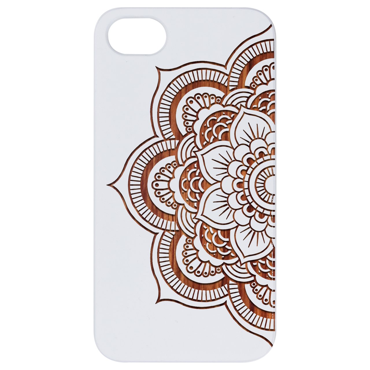 Half Mandala 2 - Engraved wooden phone case showcasing intricate design and natural wood finish.