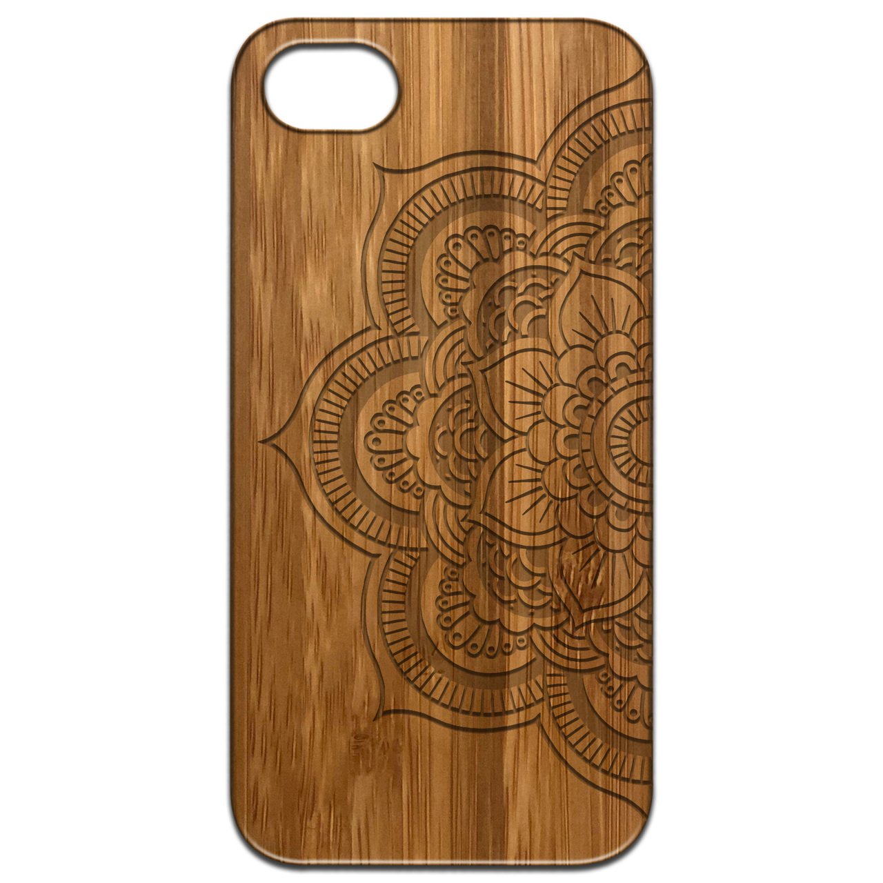 Half Mandala 2 - Engraved wooden phone case showcasing intricate design and natural wood finish.