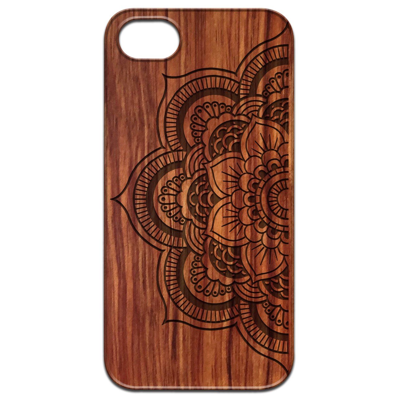 Half Mandala 2 - Engraved wooden phone case showcasing intricate design and natural wood finish.