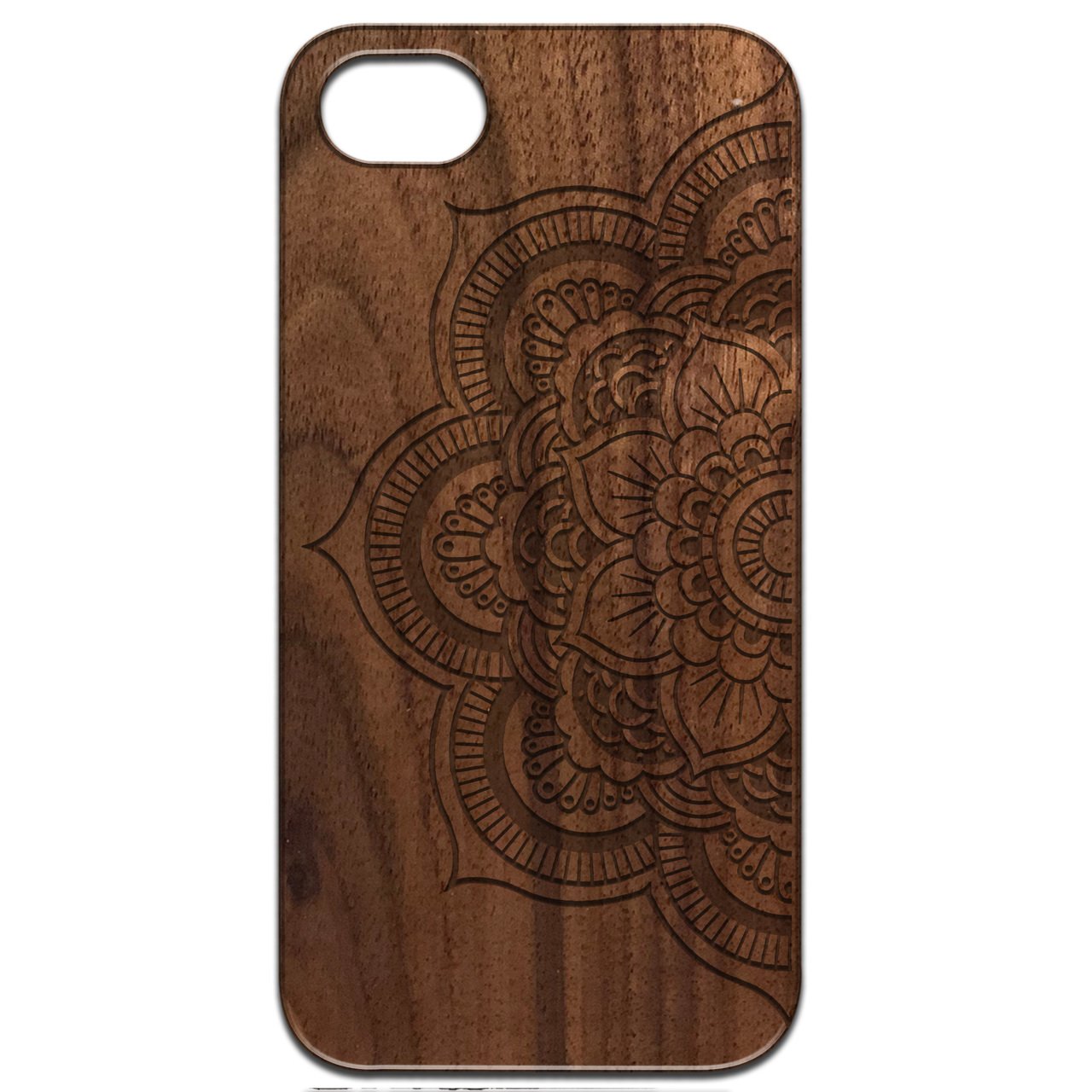 Half Mandala 2 - Engraved wooden phone case showcasing intricate design and natural wood finish.