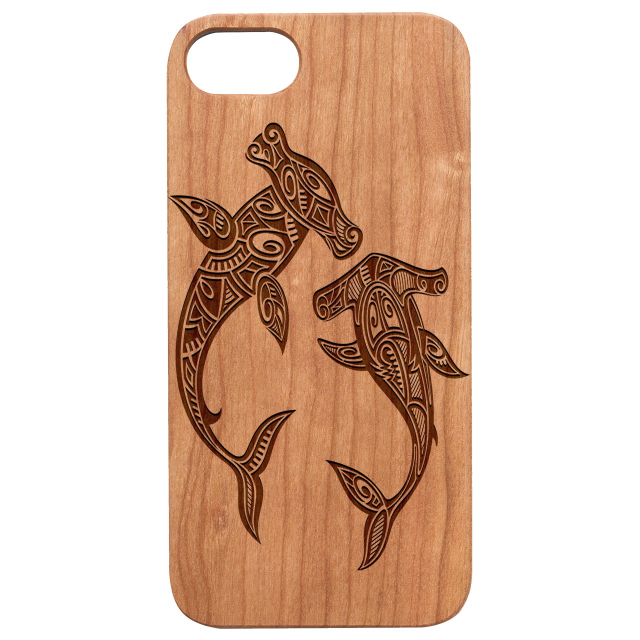 Hammerhead Shark engraved wooden phone case showcasing intricate design and natural wood finish.