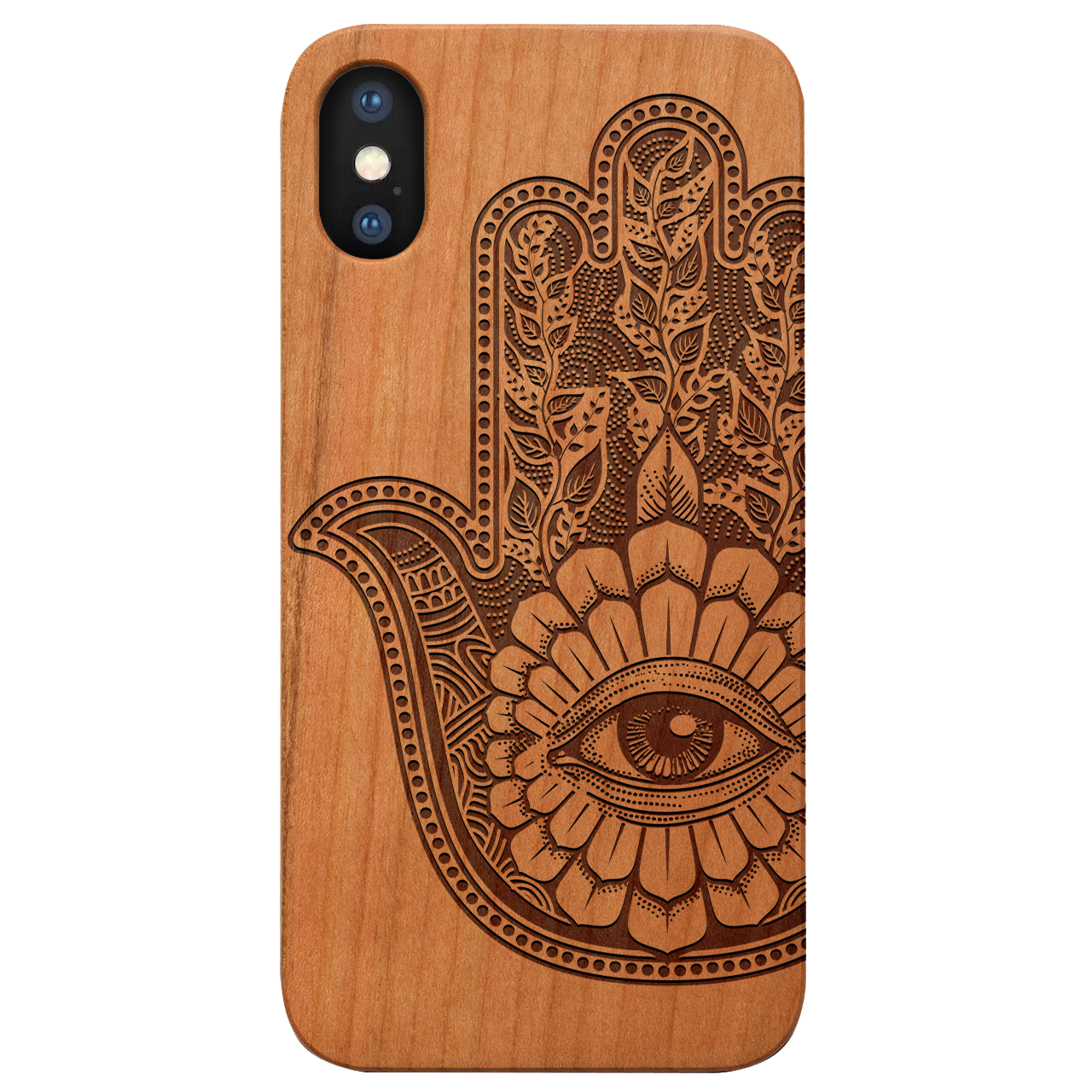 Hamsa 1 - Engraved wooden phone case showcasing intricate laser engraving and natural wood finish.