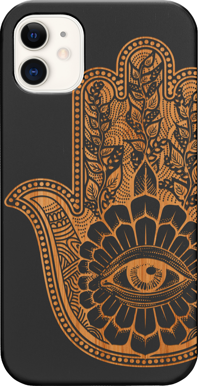 Hamsa 1 - Engraved wooden phone case showcasing intricate laser engraving and natural wood finish.