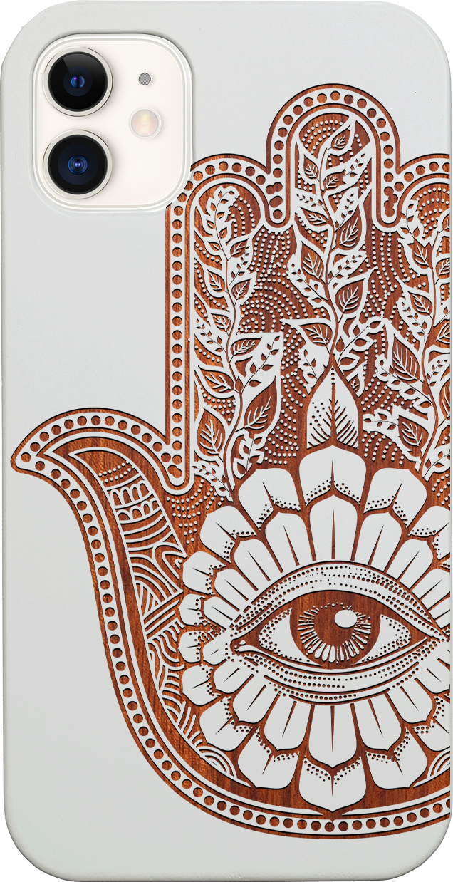 Hamsa 1 - Engraved wooden phone case showcasing intricate laser engraving and natural wood finish.