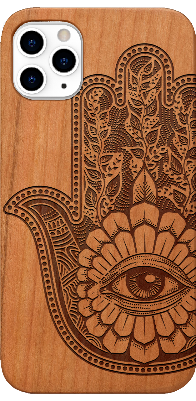 Hamsa 1 - Engraved wooden phone case showcasing intricate laser engraving and natural wood finish.