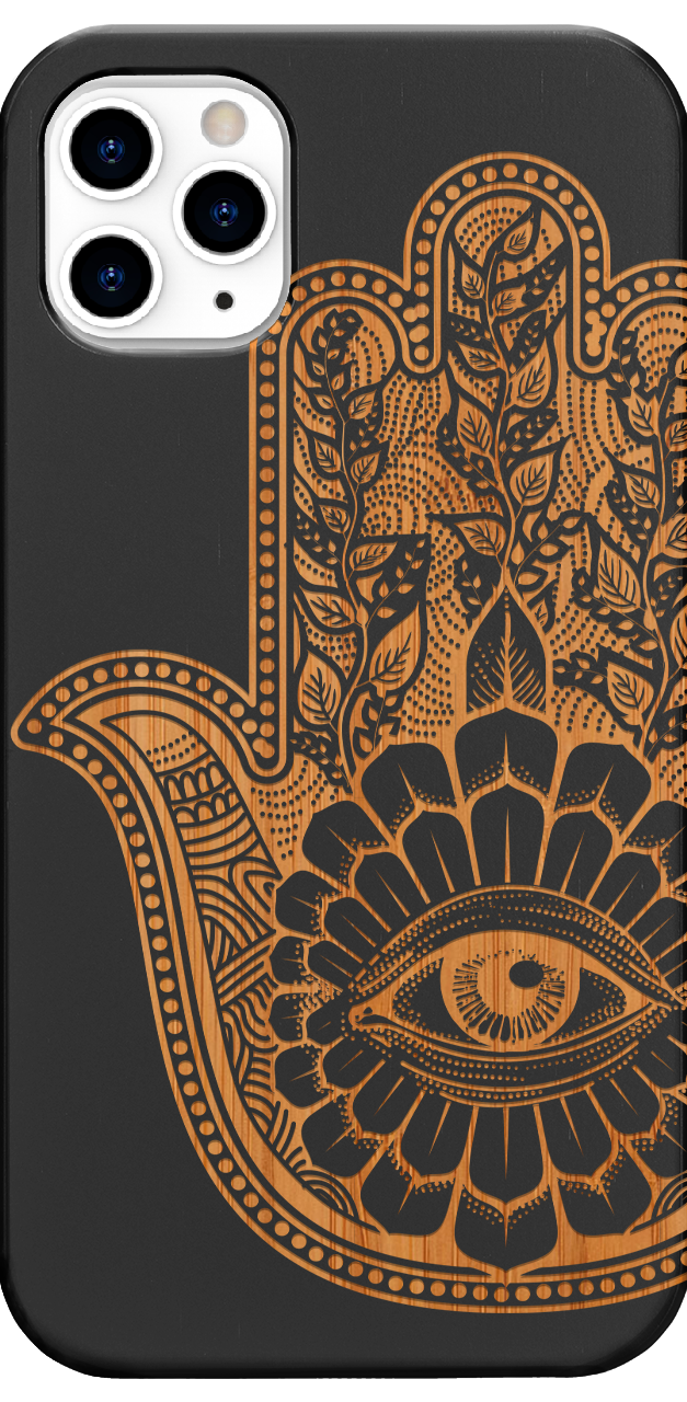 Hamsa 1 - Engraved wooden phone case showcasing intricate laser engraving and natural wood finish.