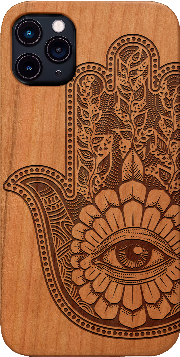 Hamsa 1 - Engraved wooden phone case showcasing intricate laser engraving and natural wood finish.