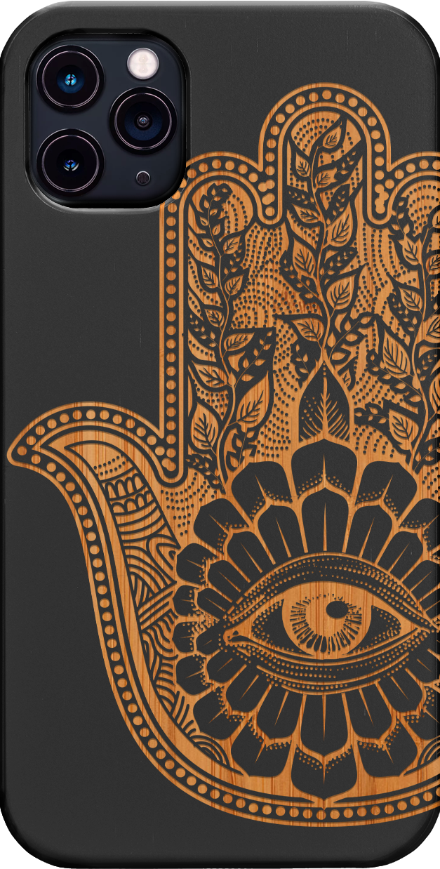 Hamsa 1 - Engraved wooden phone case showcasing intricate laser engraving and natural wood finish.