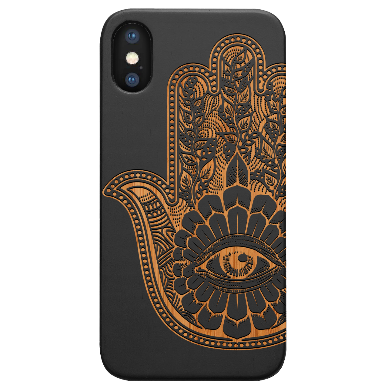 Hamsa 1 - Engraved wooden phone case showcasing intricate laser engraving and natural wood finish.