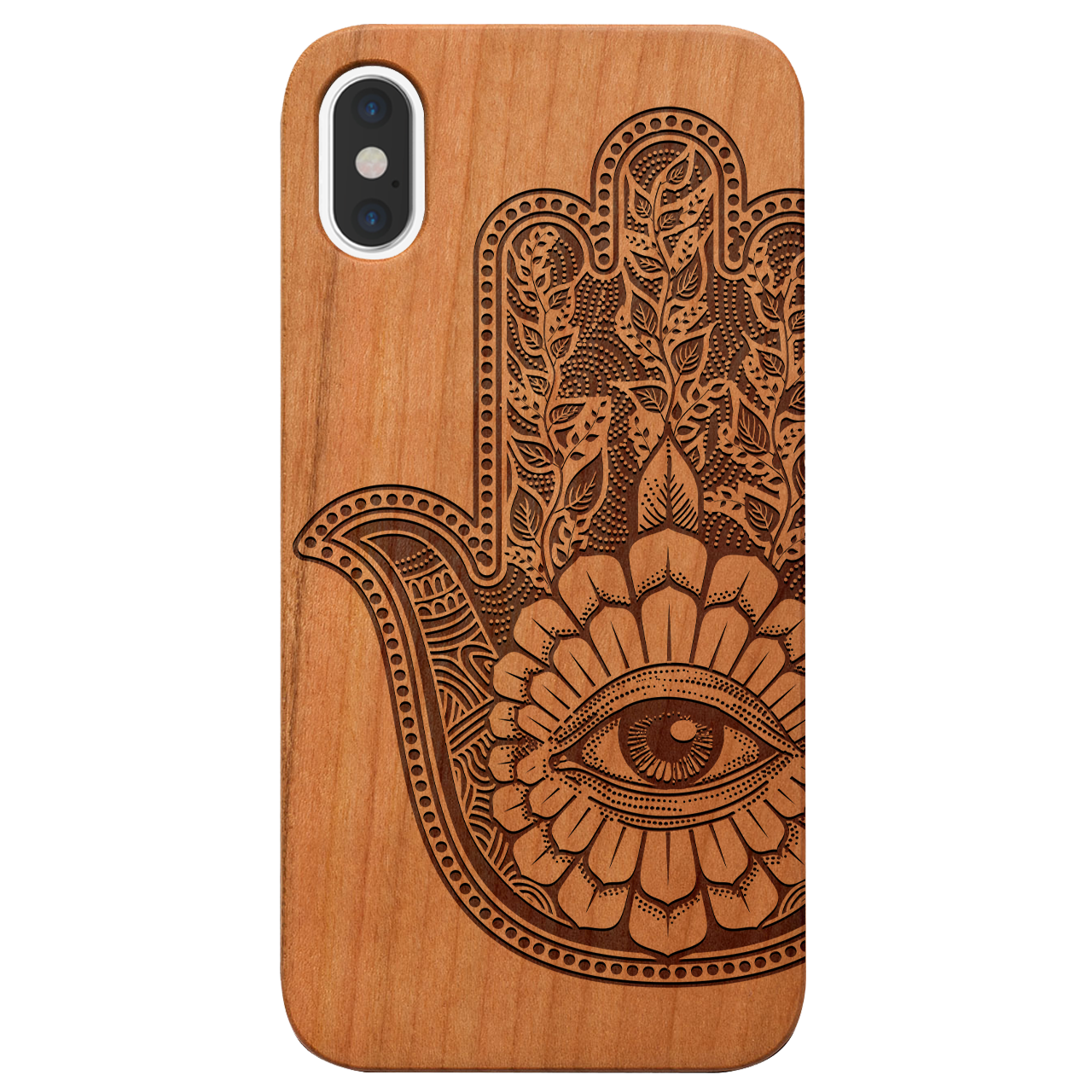 Hamsa 1 - Engraved wooden phone case showcasing intricate laser engraving and natural wood finish.