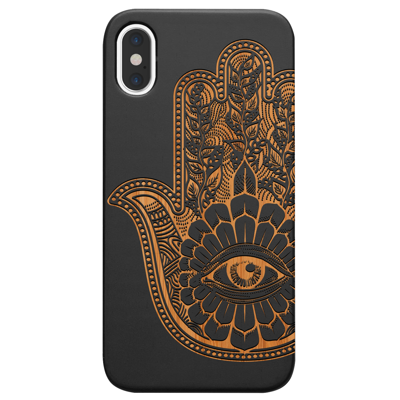 Hamsa 1 - Engraved wooden phone case showcasing intricate laser engraving and natural wood finish.