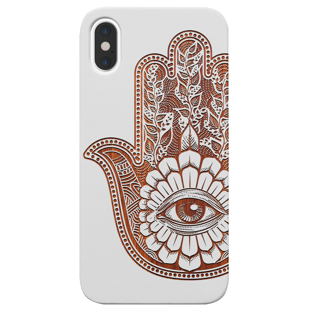 Hamsa 1 - Engraved wooden phone case showcasing intricate laser engraving and natural wood finish.