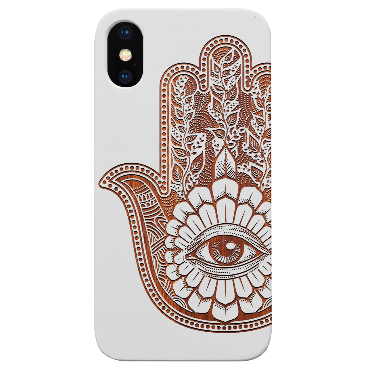 Hamsa 1 - Engraved wooden phone case showcasing intricate laser engraving and natural wood finish.