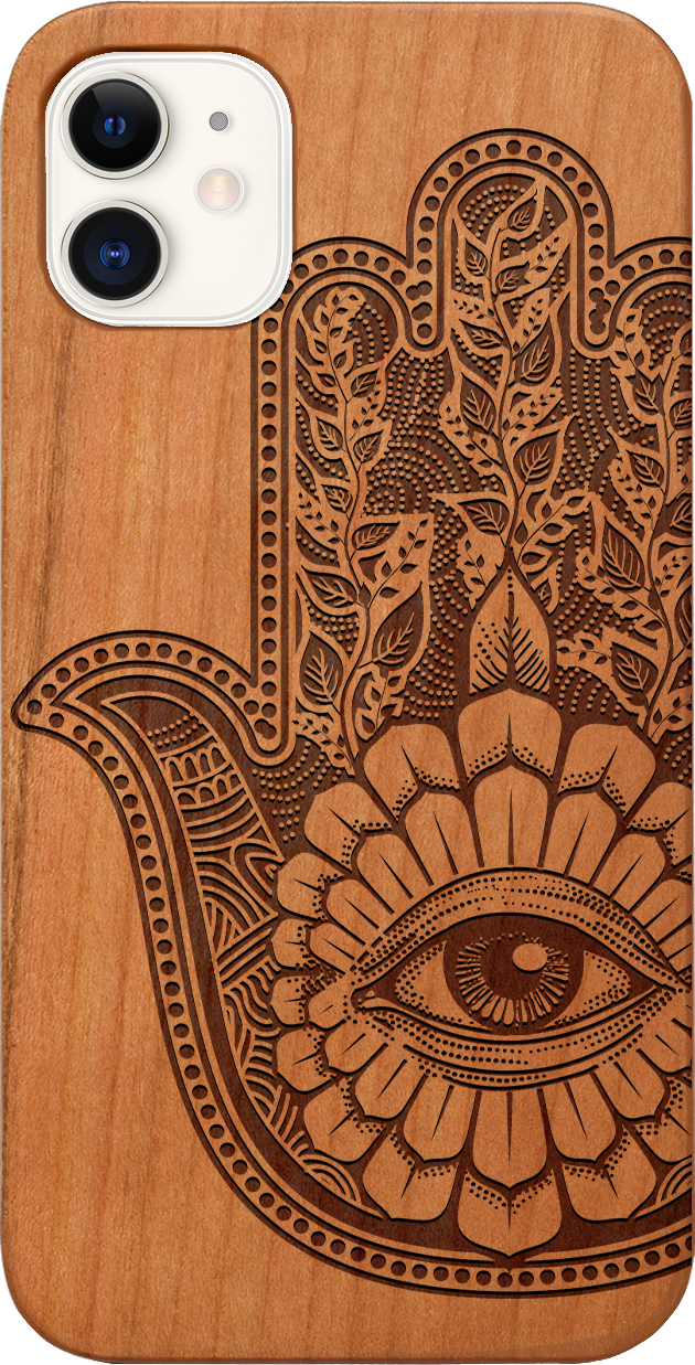 Hamsa 1 - Engraved wooden phone case showcasing intricate laser engraving and natural wood finish.