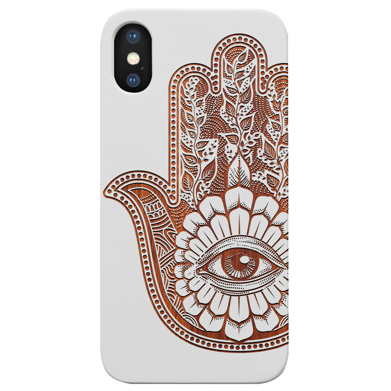 Hamsa 1 - Engraved wooden phone case showcasing intricate laser engraving and natural wood finish.