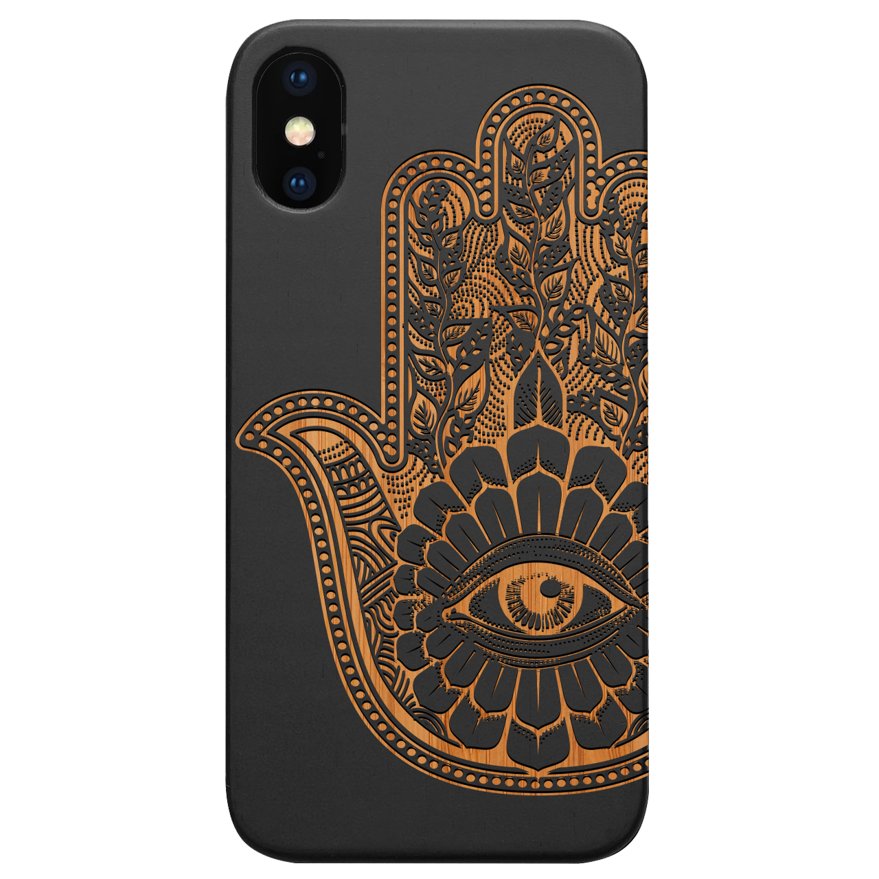 Hamsa 1 - Engraved wooden phone case showcasing intricate laser engraving and natural wood finish.