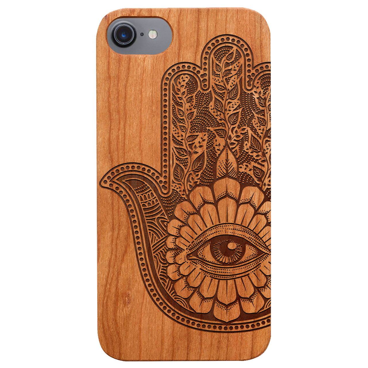 Hamsa 1 - Engraved wooden phone case showcasing intricate laser engraving and natural wood finish.