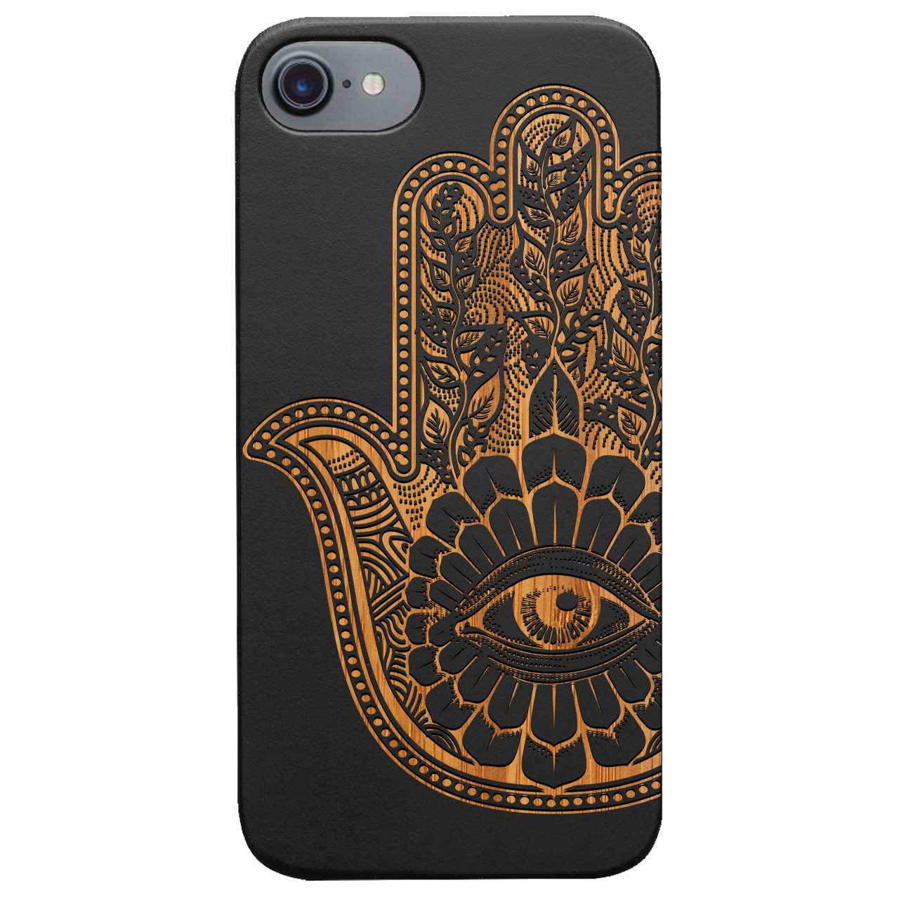 Hamsa 1 - Engraved wooden phone case showcasing intricate laser engraving and natural wood finish.