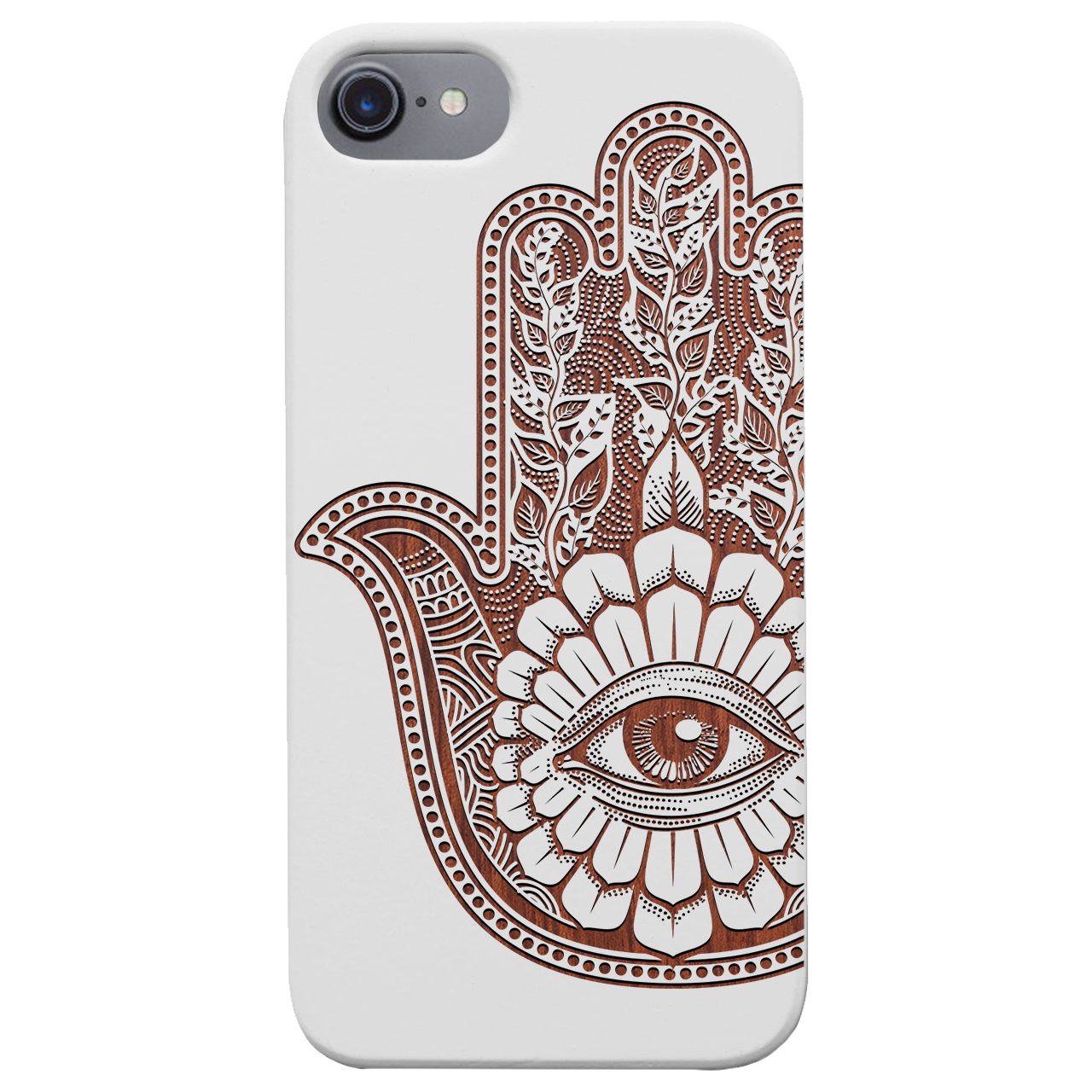 Hamsa 1 - Engraved wooden phone case showcasing intricate laser engraving and natural wood finish.