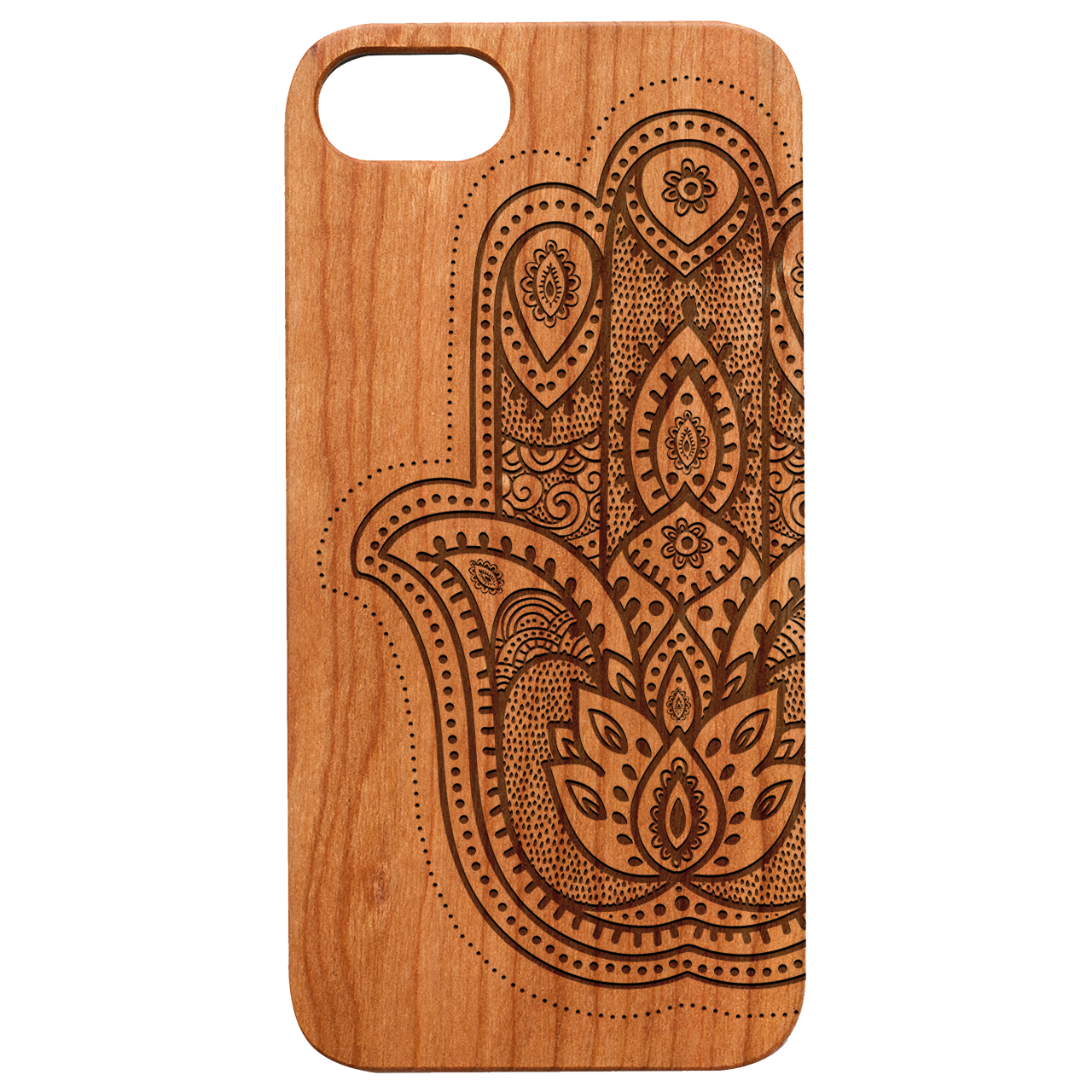 Hamsa 2 - Engraved wooden phone case showcasing intricate laser engravings and natural wood finish.