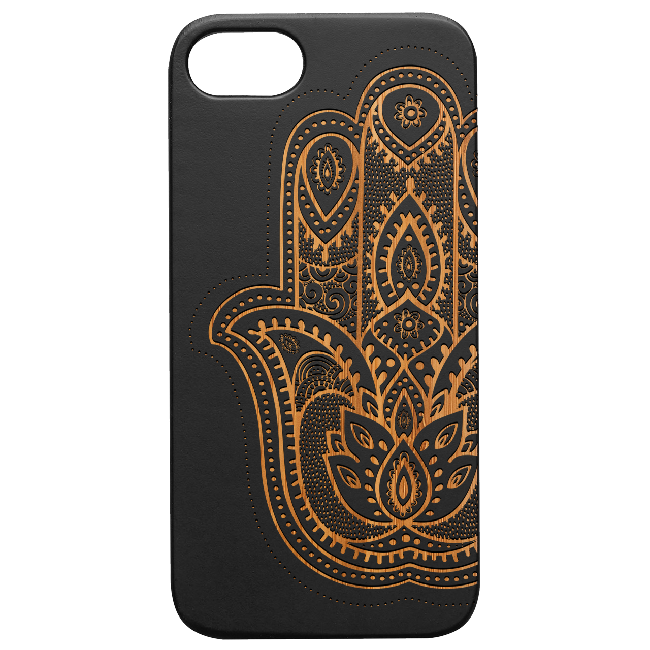 Hamsa 2 - Engraved wooden phone case showcasing intricate laser engravings and natural wood finish.