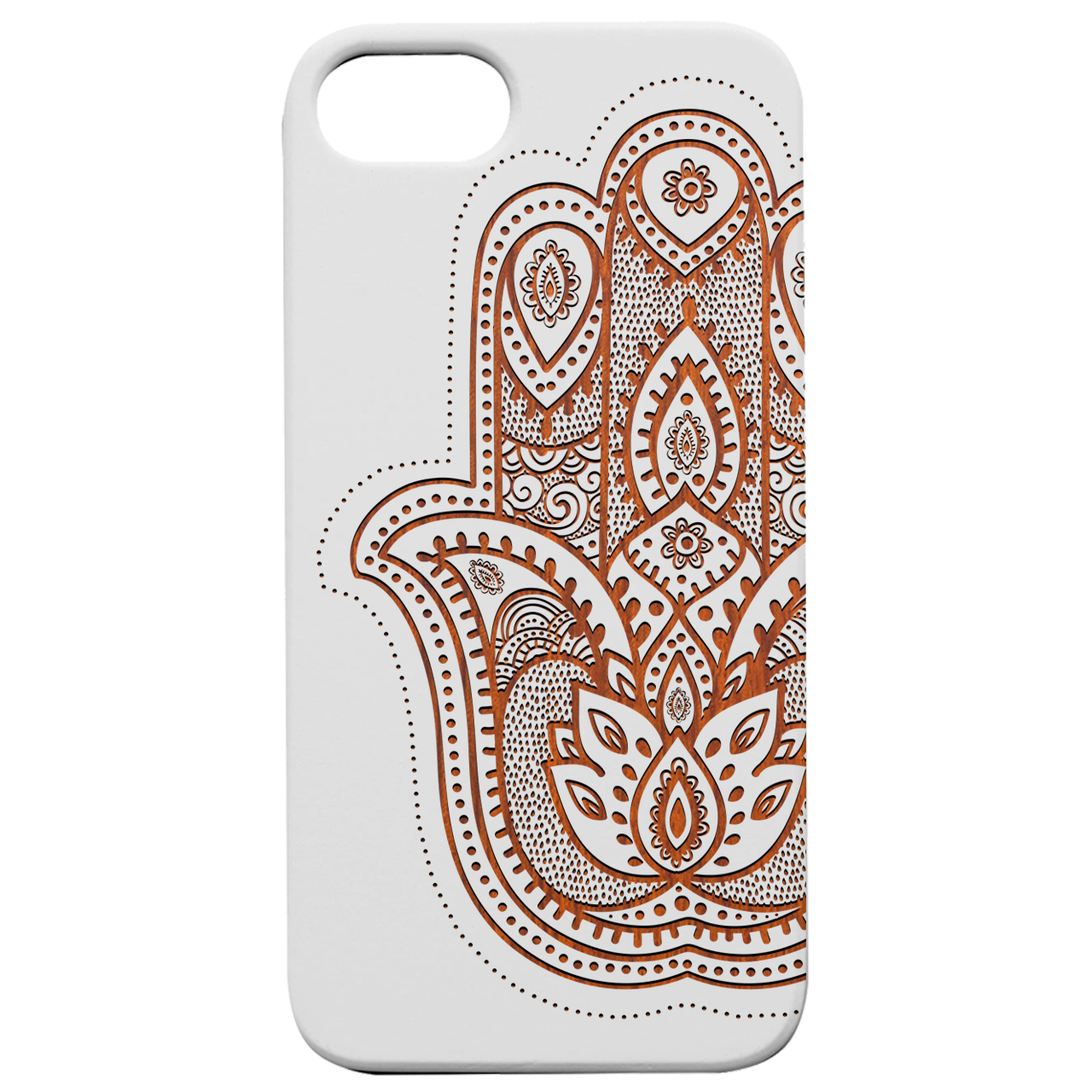 Hamsa 2 - Engraved wooden phone case showcasing intricate laser engravings and natural wood finish.