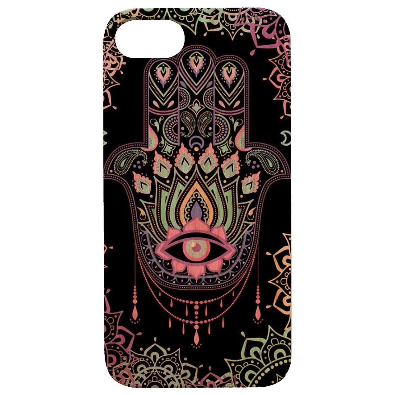 Hamsa Eye UV Color Printed phone case showcasing intricate design on a natural wood surface with protective features.