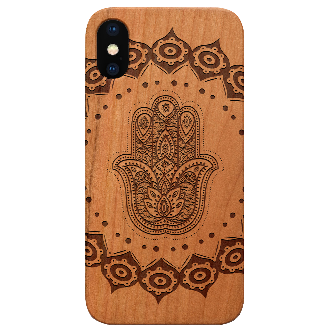 Hamsa Mandala Engraved wooden phone case showcasing intricate design and natural wood finish.