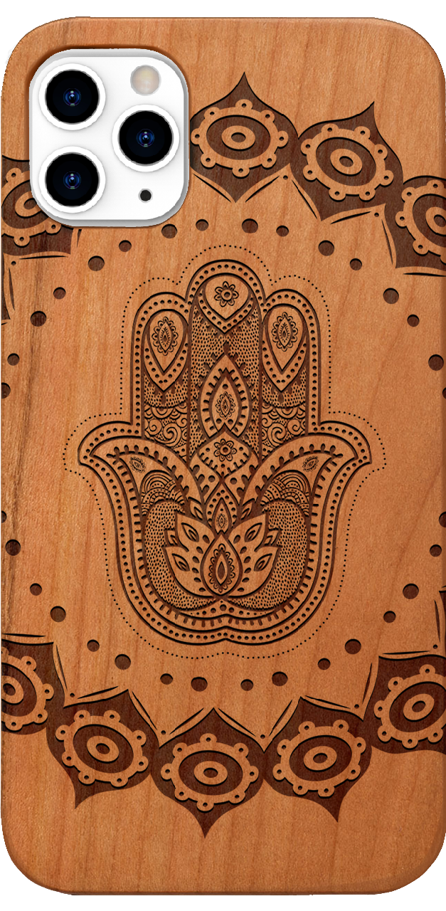 Hamsa Mandala Engraved wooden phone case showcasing intricate design and natural wood finish.