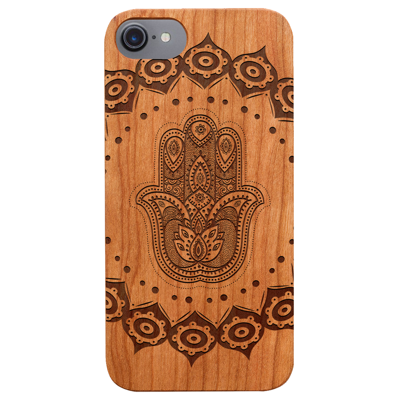 Hamsa Mandala Engraved wooden phone case showcasing intricate design and natural wood finish.