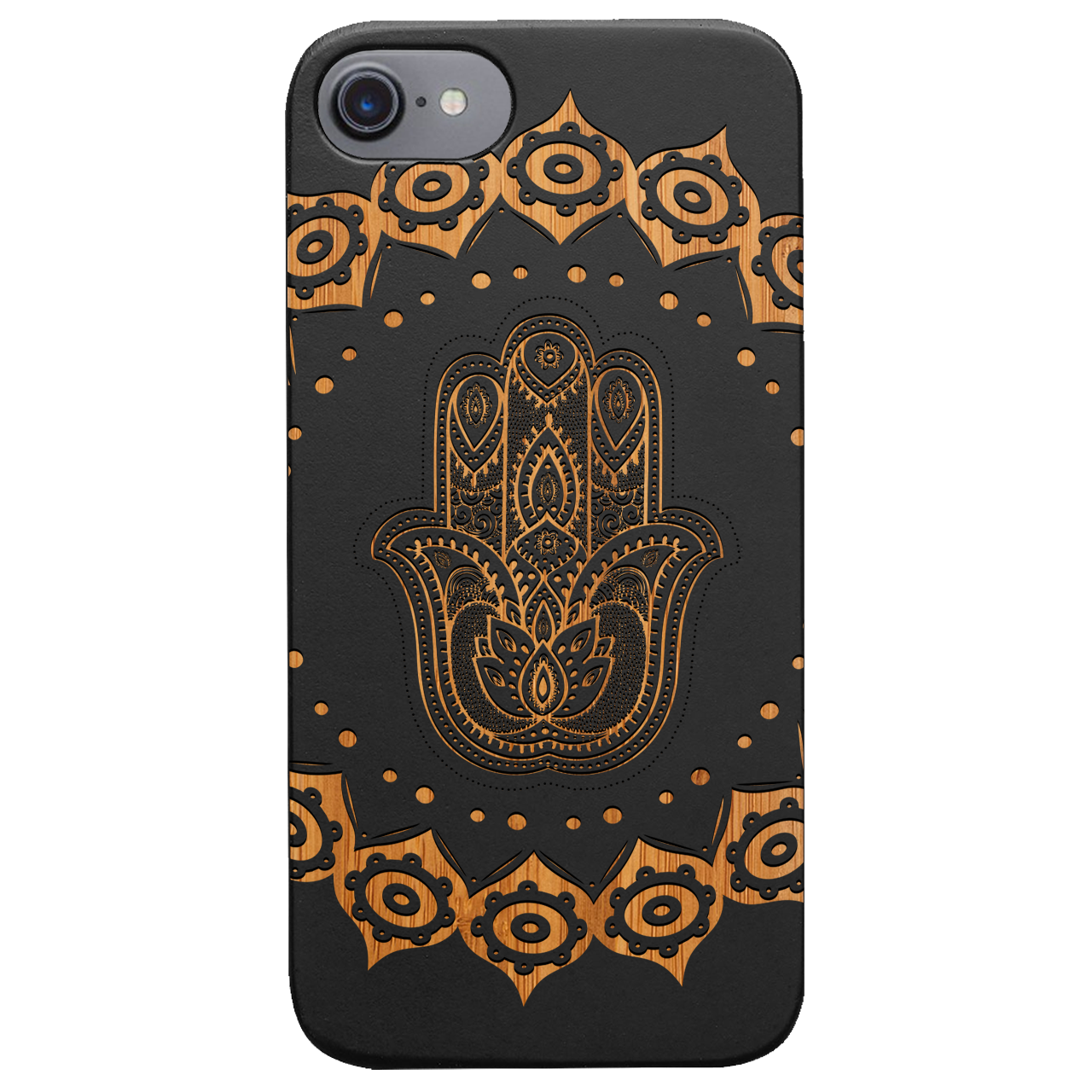 Hamsa Mandala Engraved wooden phone case showcasing intricate design and natural wood finish.