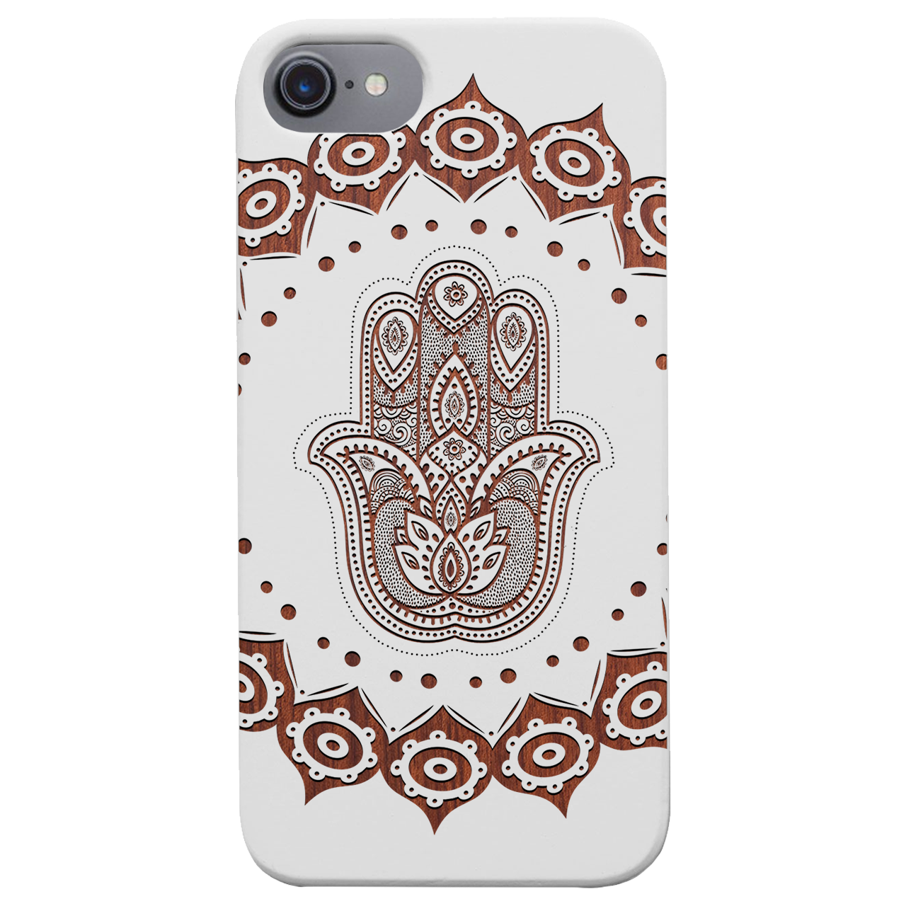 Hamsa Mandala Engraved wooden phone case showcasing intricate design and natural wood finish.