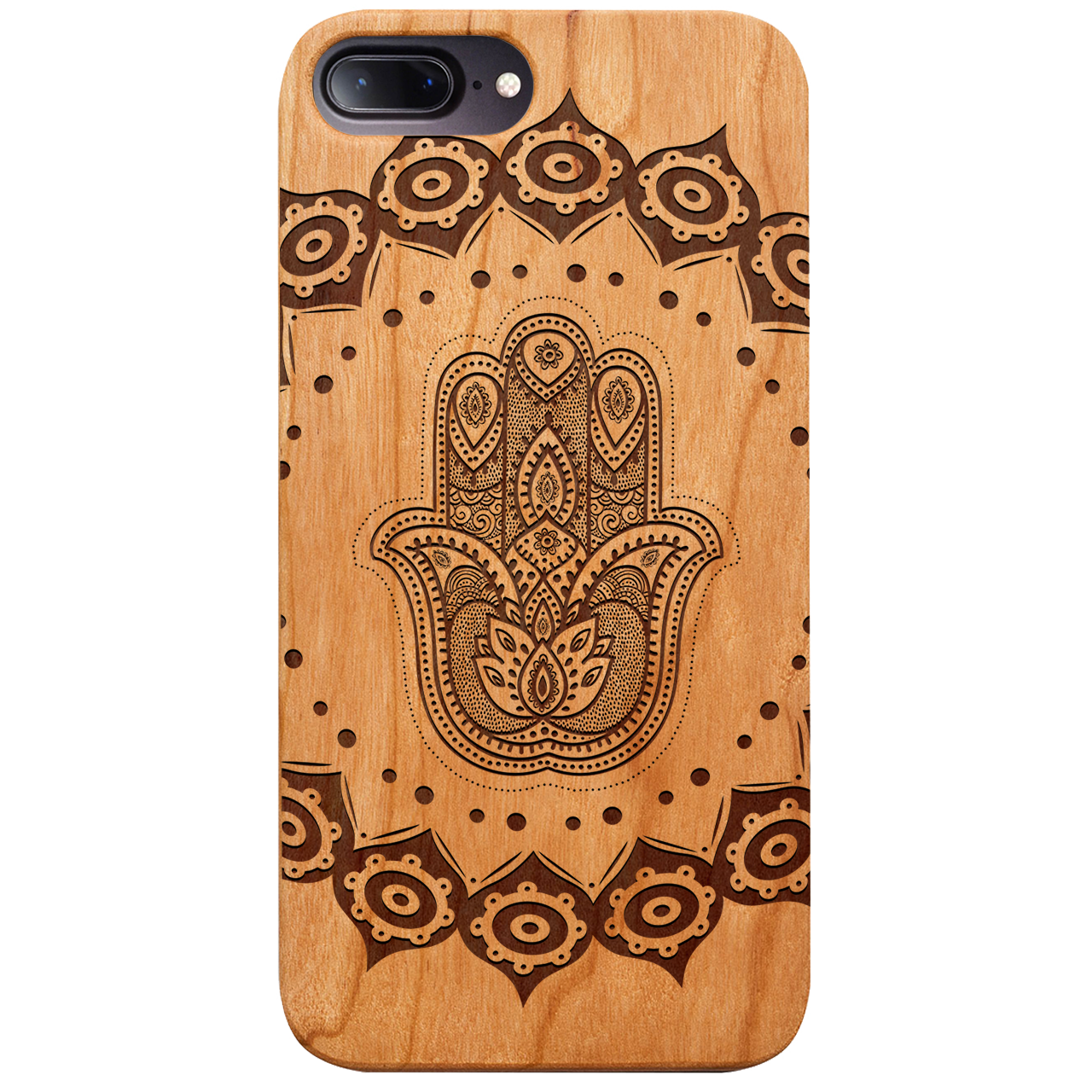 Hamsa Mandala Engraved wooden phone case showcasing intricate design and natural wood finish.