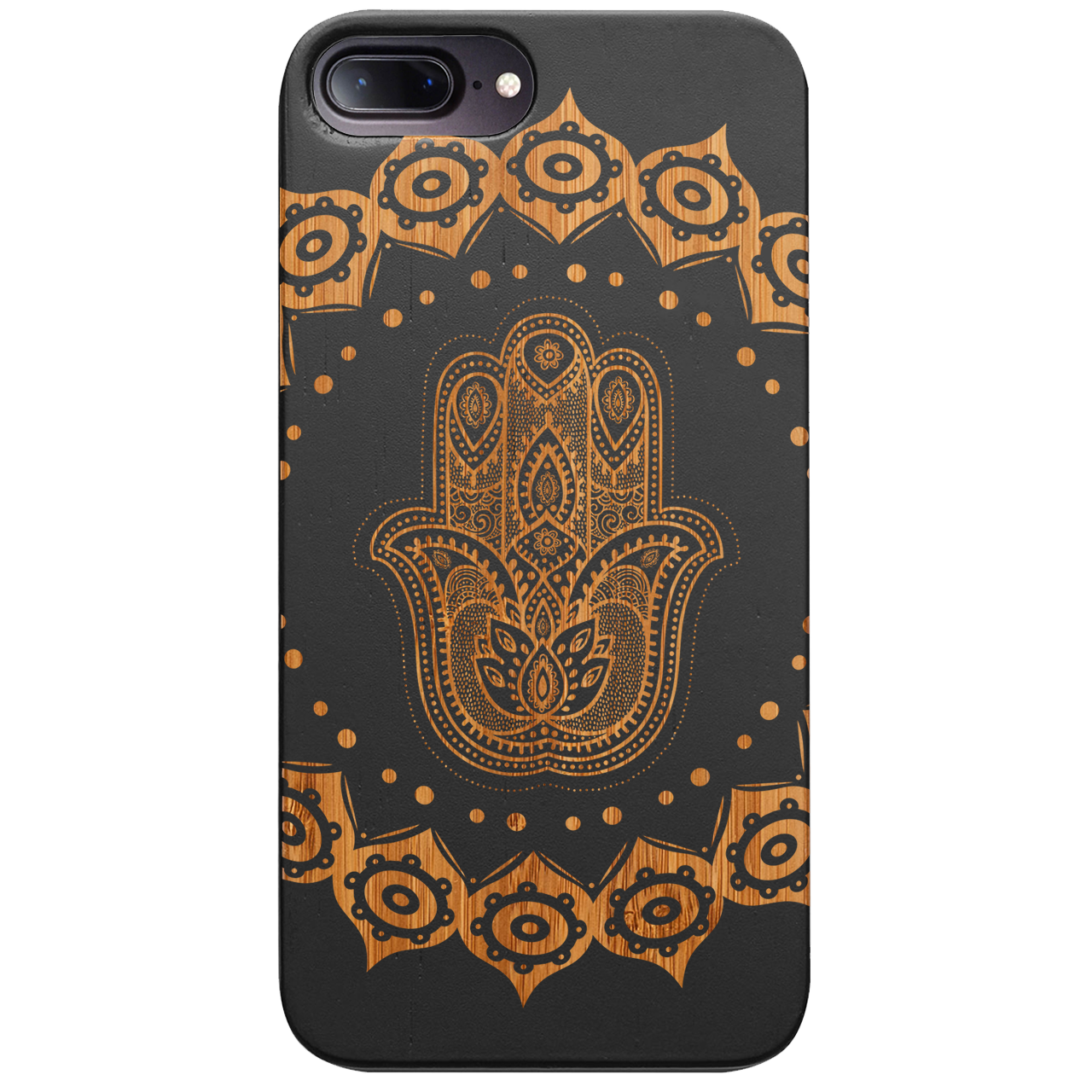 Hamsa Mandala Engraved wooden phone case showcasing intricate design and natural wood finish.